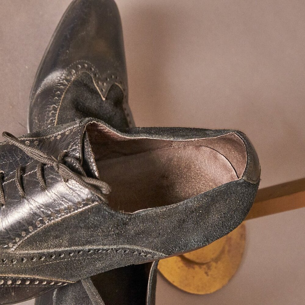 1990s Dune Wingtip Black Suede and Patent Leather Shoes